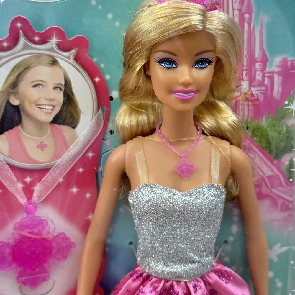 Barbie Princess Blonde Barbie Doll Gift Girl Necklace Pink Dress Crown *Read